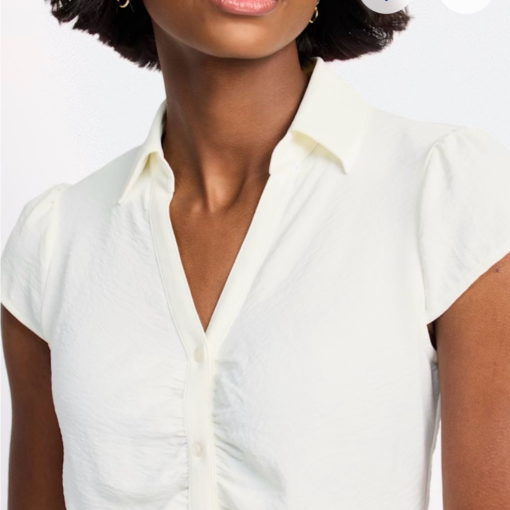 Off White Cap Sleeve Ruched Button-Front Blouse - Picture 3 of 5